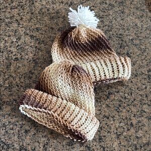 Cozy Knit Kids Beanie Set - Brown and Cream (qty 2)